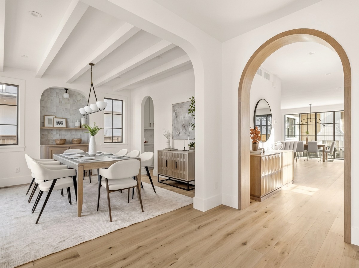 Arched white oak doorway opening to a dining room with a beamed ceiling, linen chairs and globe chandelier