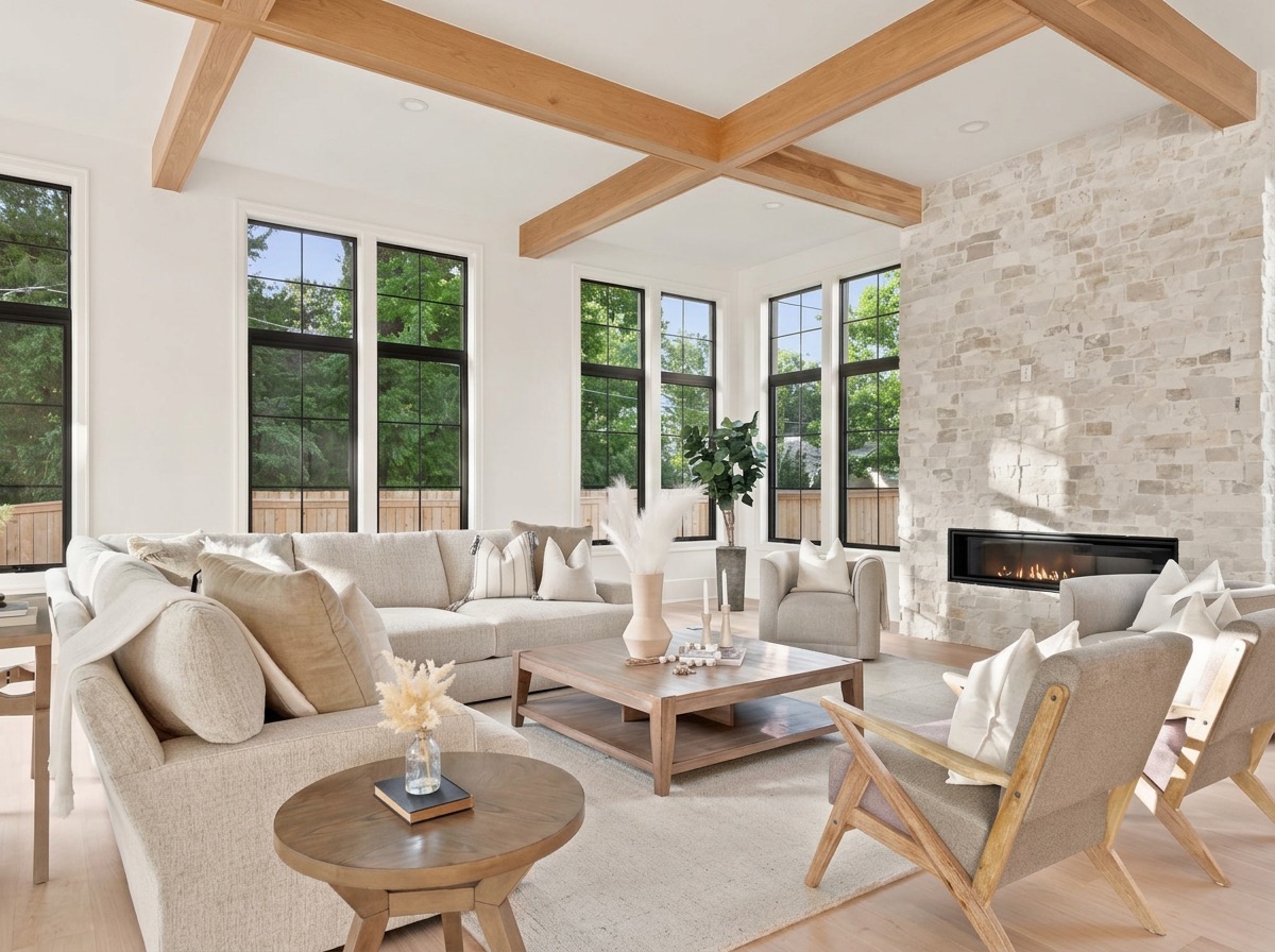 Great room with exposed wood beams, a stacked stone fireplace, cream sofas and oak lounge chairs