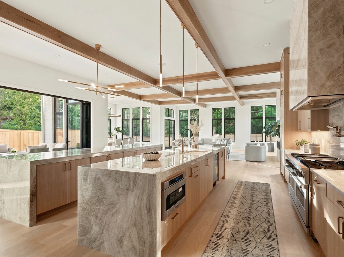 Expansive kitchen with two waterfall quartzite islands, beamed ceiling and white oak cabinetry
