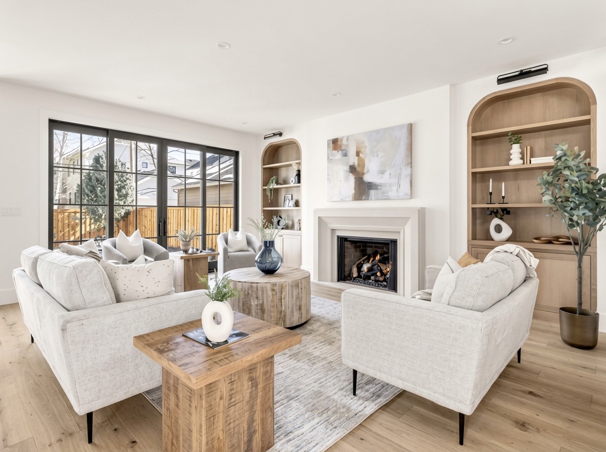 Living room with arched oak built-in shelving, a limestone fireplace, cream sofa and boucle armchairs