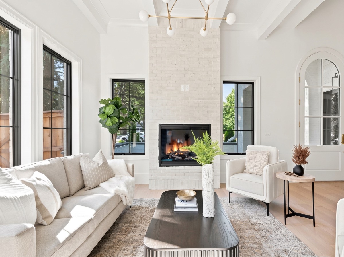 Living room with a white brick fireplace, tall black windows, fluted dark coffee table and cream slipcovered sofa