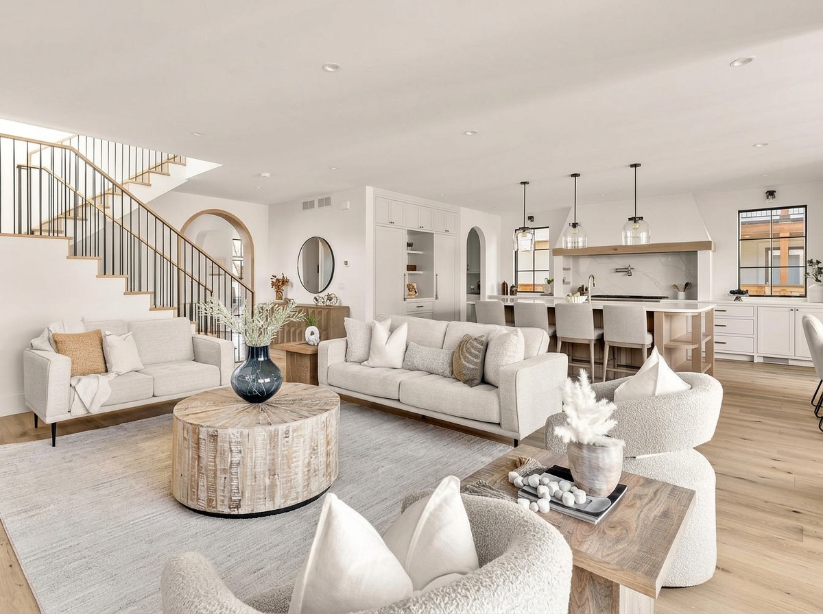 Open living room with cream sofas, a reclaimed wood drum coffee table and a curved staircase leading to the kitchen