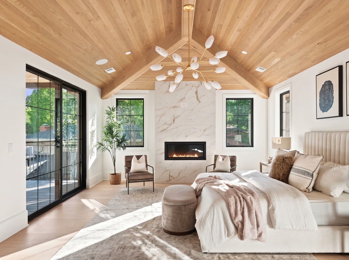Primary bedroom with a vaulted cedar ceiling, marble fireplace, petal chandelier and upholstered bed