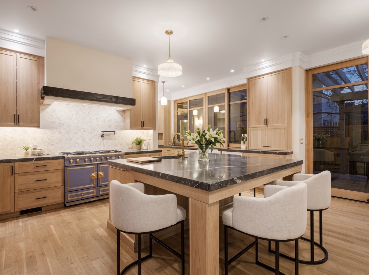 White oak kitchen with a dark soapstone island, white counter stools and professional range